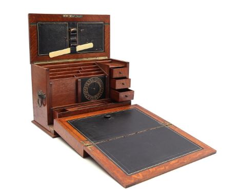 Oak English writing box with writing utensil holder, compartments for letters, drawers, day and month indicator, pen tray, in
