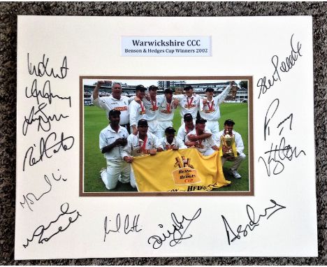 Cricket Warwickshire CCC Benson and Hedges Cup Winners 2002 multi signed mounted display. A colour photo of the victorious Wa