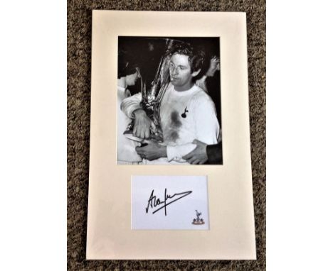 Football Alan Mullery signed and mounted Spurs display. A white card portraying the classic Tottenham Hotspur crest signed by
