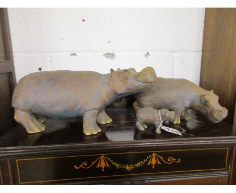 3 artist made ceramic family of  Hippos