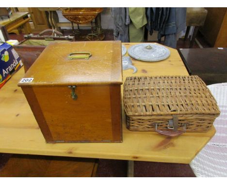 Pine lidded box and wicker hamper