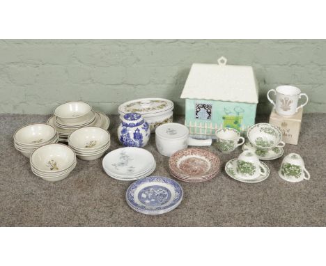 Collection of assorted collectible ceramics, including a large ceramic gingerbread house, Royal Doulton "Wild Cherry" dinner 