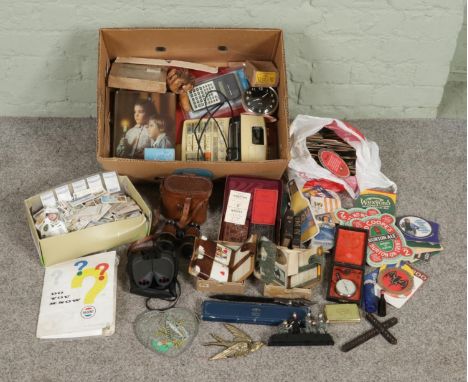 A box of vintage collectables and miscellaneous, including a quantity of cigarette cards, a bag of beer mats, Moul's Tachocro