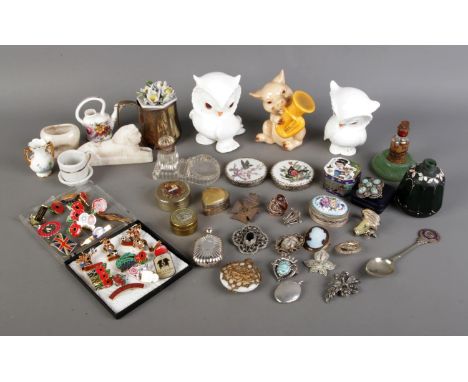 Collectable miscellaneous items, including vintage badges and pins, ceramic ornaments and decorations, vintage scent bottles,