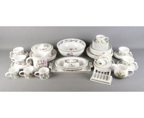 Two boxes containing a good collection of Portmeirion Botanic Garden dinnerwares. Contains plates, tureen, toast rack, cups a