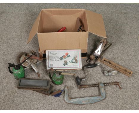 A box of vintage tools. Includes Stanley and Bailey wood planes, The Mole hand crank grinder, Paramo clamp etc.