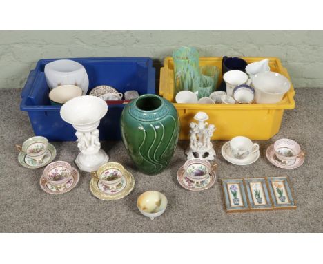 Two boxes of assorted ceramics, to include  Noritake bowl, floral plaques, Wedgwood Peter Rabbit cup and saucer, Ashley cups 