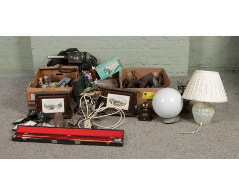 Three boxes of miscellaneous to include metalware, commodore cassettes, framed prints, light fittings, cased Excelsa Gold sno