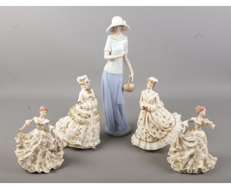 A Nao by Lladro figurine of First Harvest/Lady with Apples together with four The Leonardo Collection figures including Olivi