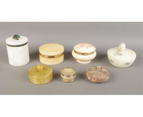 Seven vintage trinket boxes in various sizes and materials, including alabaster, agate, Italian marble, onyx and others.  Tal