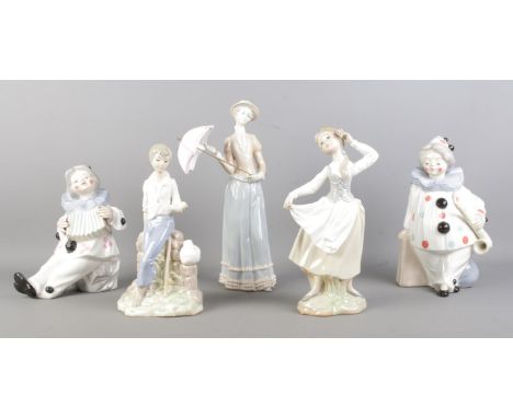 A collection of Lladro style ceramic figures, to include four Tengra examples, two as musical clowns.  Lady with parasol has 