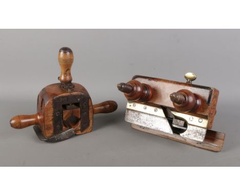 Two 19th-century woodworking tools, with turned clamp handles, one stamped "I.Wiseman Bewley Leeds".