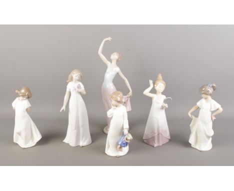 Six Nao by Lladro figures, to include dancer, 'So Shy' and 'How Pretty'.  Dancer missing one finger to outstretched hand, gir