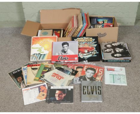 A collection of Elvis Presley records and memorabilia along with a box of assorted vinyl LP records and singles to include Cl