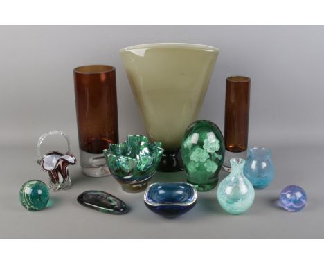 A collection of decorative glassware, including large Victorian dump, basket, vases, Caithness paperweight and Eirian example