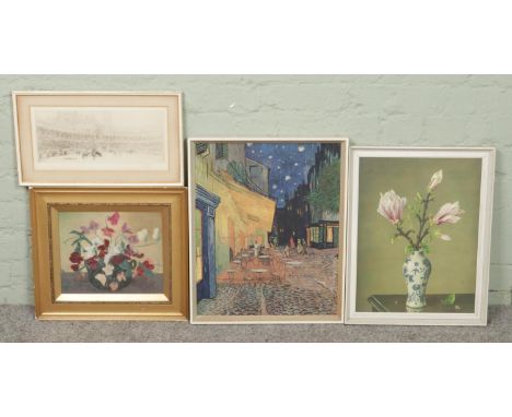 Four framed pictures, to include a pencil sketch of a bullring (signed indistinct) and an oil still life of sweet peas, signe