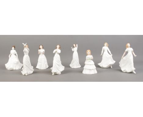 Eight small Royal Doulton ceramic figurines. Contains Welcome HN3764, Sentiments Good Luck HN4070, Harmony HN4096, With Love 