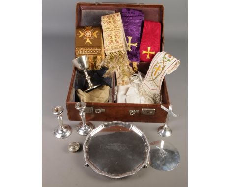 An interesting case with contents of religious items. Possibly a military travelling altar set comprised of original and late