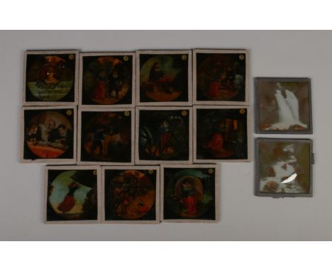 A small collection of magic lantern slides, most from a single set appearing to follow the story of a young couple.  Some sli