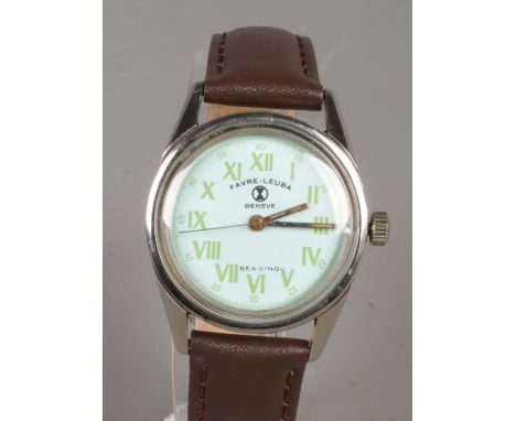 A gents stainless steel Favre Leuba Sea King manual wristwatch. With centre seconds and Roman numeral markers.  Running.