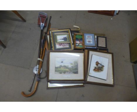 Fifteen framed prints, a shooting stick, etc. 