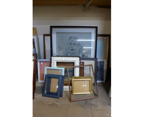 A Montague Dawson marine scene print, a charcoal portrait of a lady, frames, etc. 