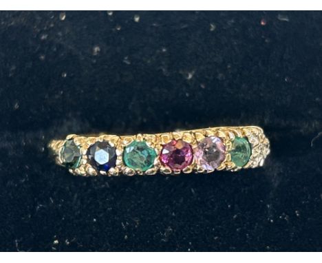 9ct Gold ring set with multi coloured gem stones Size M 1.8g 