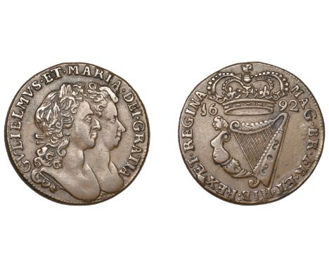 William and Mary (1691-1694), Halfpenny, 1692 (S 6597). About extremely fine, excellent portraits, light brown patina £300-£4