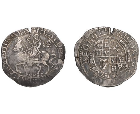 Charles I (1625-1649), Chester mint, Halfcrown, mm. three gerbs and sword, plume in right field, chst beneath horse, rev. ova