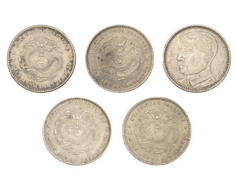 China, EMPIRE, Kwangtung, 20 Cents (4), undated [1890-1908] (L & M 135; KM Y201); REPUBLIC, Kwangtung, 20 Cents, yr 18 [1929]