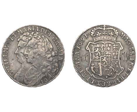 William and Mary (1689-1694), Forty Shillings, 1691, edge tertio, 18.36g/12h (S 5649). Obverse fields tooled, initials J M en