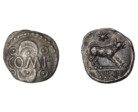 British Iron Age, ATREBATES and REGNI, Verica, silver Unit, co · mf between two crescents, rev. boar right, star above, vir i