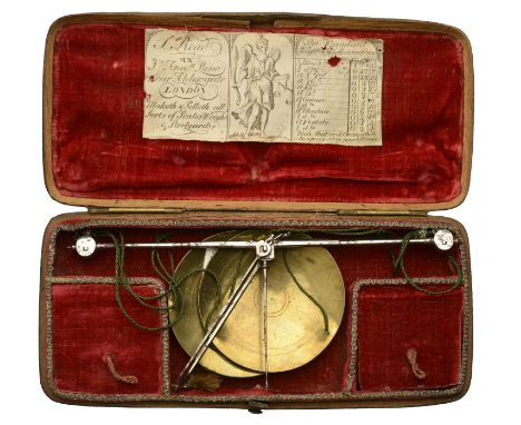 A set of coin scales and weights by Samuel Read, London, comprising a steel balance with brass pans and 18 brass weights sepa