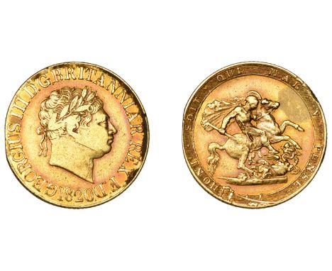 George III (1760-1820), New coinage, Sovereign, 1820, open 2 in date (M 4; S 3785C). Cleaned, edge partly filed, scratch on b