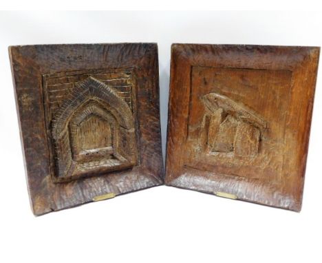 A pair of vintage heavy carved oak plaques with hangers depicting Trethevy Quoit, Tremar Coombe &amp; the Old Pipe Weill, Lis