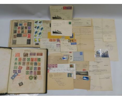 A quantity of loose on paper stamps, 1930's first day covers, Australian air mail letters, Queen Mary first day covers, milit
