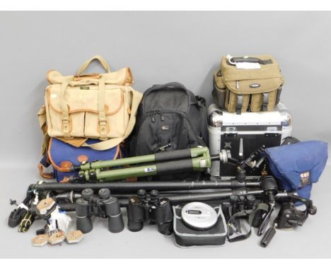 A quantity of camera bags including Billingham &amp; Loewe Pro bags twinned with Benbo No.2 &amp; Manfrotto tripods &amp; oth