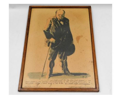 An oak framed Penguin print of series of four of Churchill with "we will never surrender speech", print originally drawn by F