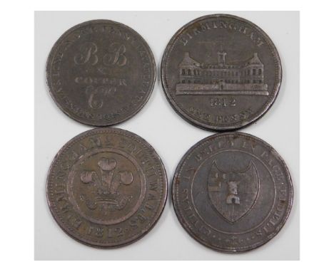 Four tokens: Birmingham &amp; South Wales 1812 penny; Worcester City &amp; County 1811 penny; 1812 Birmingham one pound note 