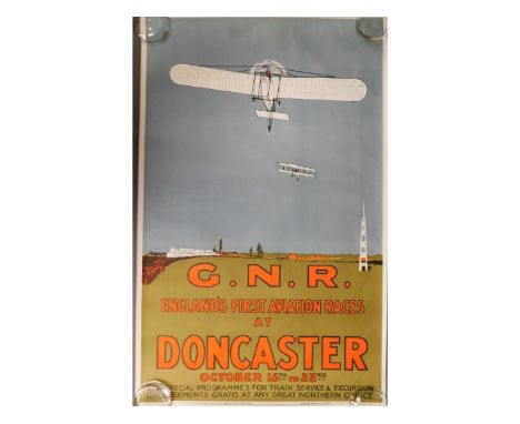 An MOD Navy issued poster depicting GNR England's First Aviation Races at Doncaster printed by Photochrom Co. Ltd. H.M Statio