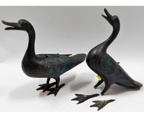 A pair of 19thC. Chinese bronze cloisonné geese, one a/f, 7in tall