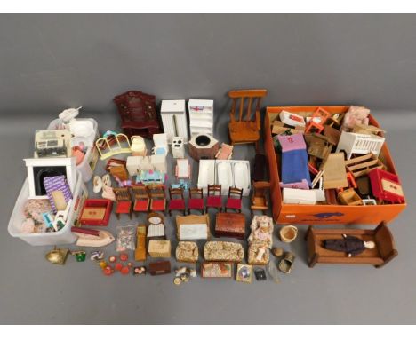 A large quantity of dolls house furniture, most not shown in the images including tea items by Hammersley, Delft &amp; Spode