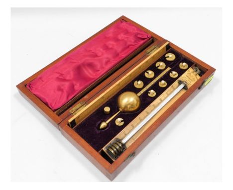 A cased brass Sikes hydrometer, celluloid label to top, Blake, 56, Hatton Garden, London