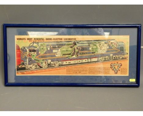 A framed 1958 poster of "World's Most Powerful Diesel Electric Locomotive" railway engine by L. Ashwell Wood, 24in x 11in inc