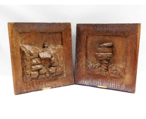 A pair of vintage heavy carved oak plaques with hangers depicting The Cheeswring &amp; Daniel Gom's House at Minions, on the 