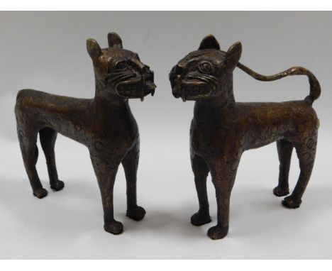 A pair of Benin Bronze cat figures, 6.25in tall
