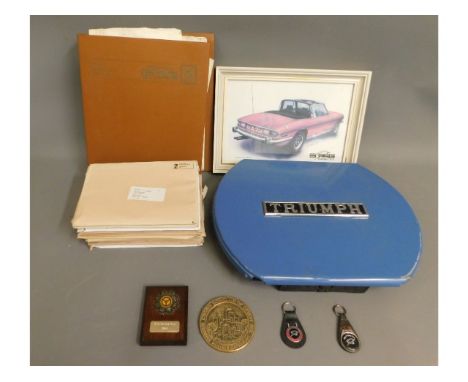 A Triumph Stag steel tool case with logo, no original tools with other items relating to Triumph Stag motor car