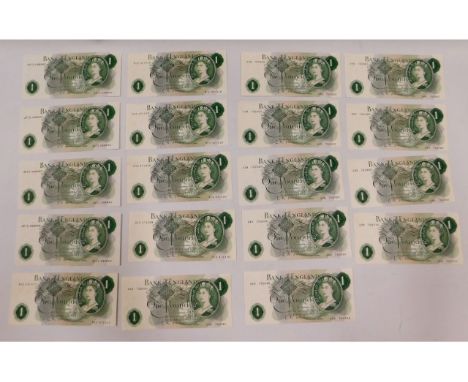 Nineteen crisp vintage UK £1 bank notes, four sequential Forde, fifteen sequential O'Brien