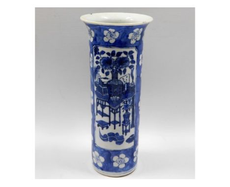 A 19thC. Chinese blue &amp; white porcelain brush pot, 10in high, four character possibly Kangxi tribute mark to base