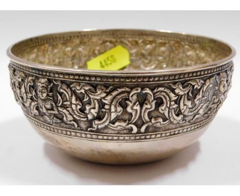 An early 20thC. Thai Margrett Bangkok white metal bowl, tests as high grade silver, stamped to underside of base 4.7.33, 4.25